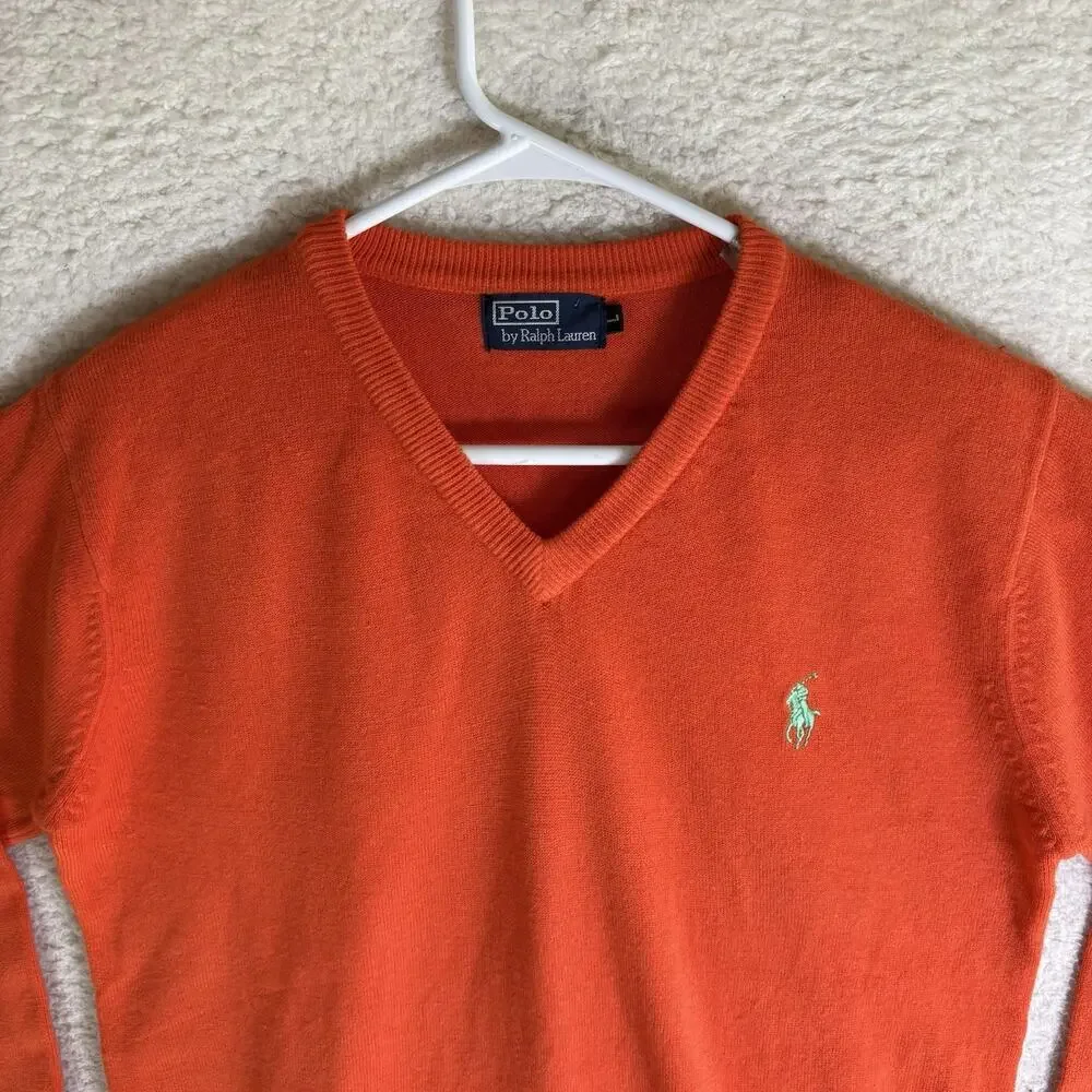 Vintage Polo Ralph Lauren Pullover Sweater Mens Large Orange V Neck Wool